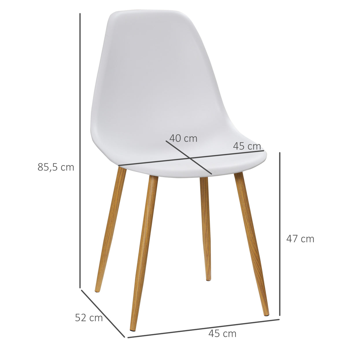 HOMCOM Esszimmerstuhl 4er-Set, Metallbeine in Holzoptik, rutschfeste Füße, bis 120 kg, Weiß/Holzdekor