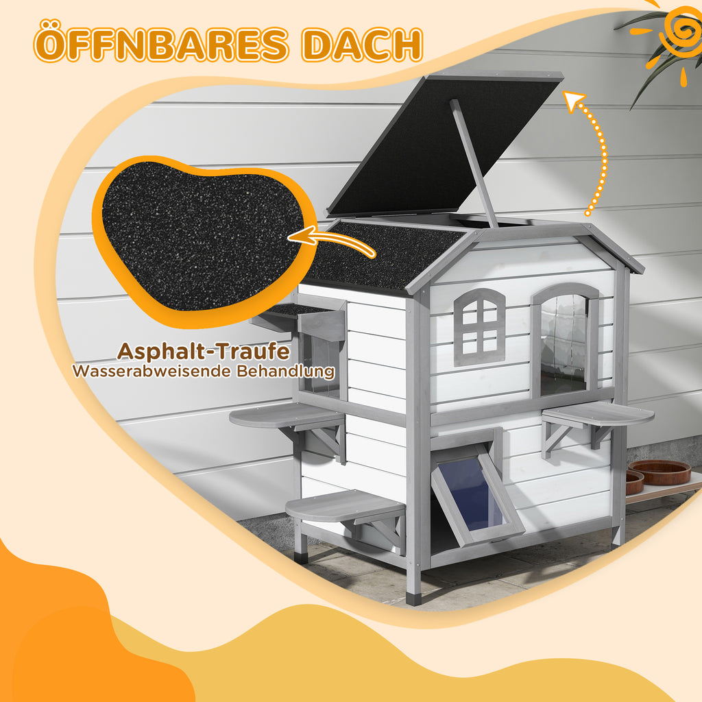 PawHut Katzenhaus Katzenhütte Katzenhöhle, 2 Stockwerke, wetterbeständig, 78,1 cm x 55,2 cm x 90,8 cm, Weiß + Grau
