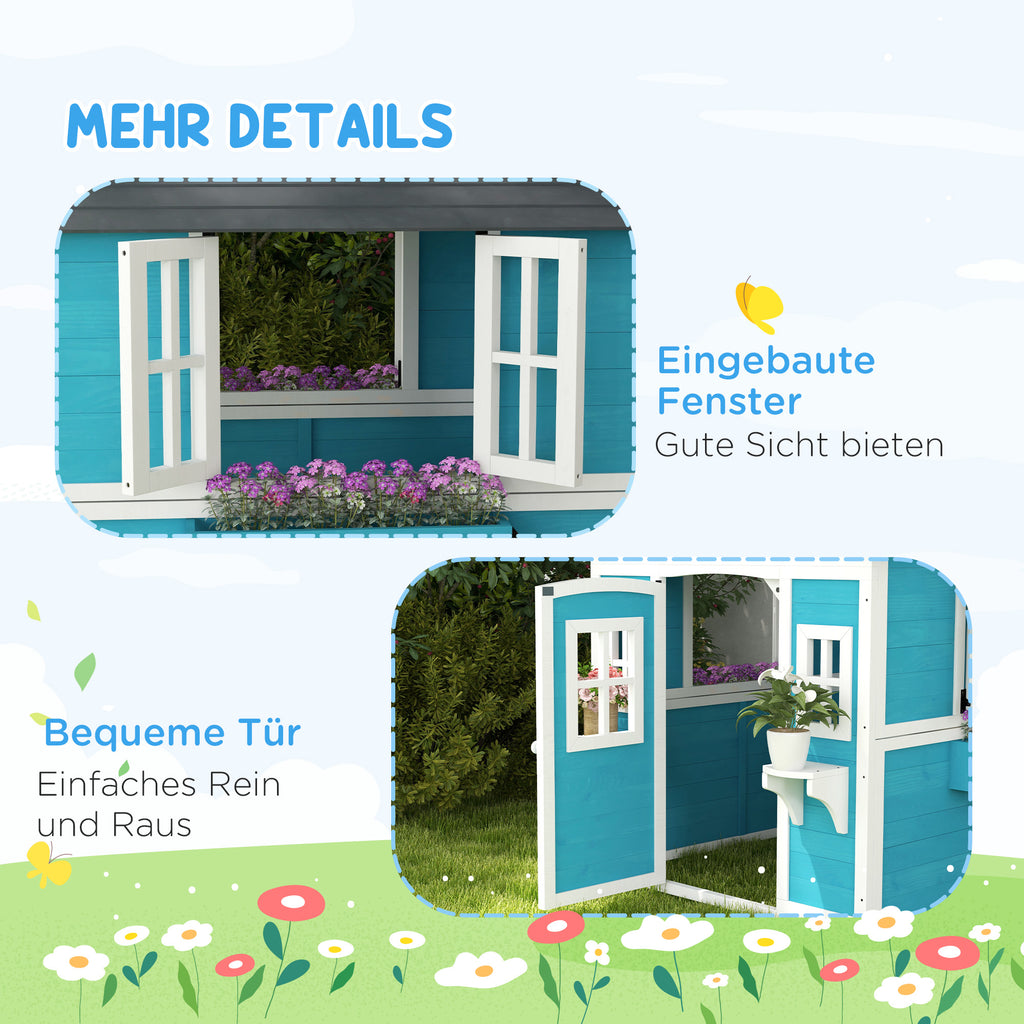 Outsunny Kinderspielhaus, Holz-Spielhaus für Kinder, Outdoor-Gartenspielhaus mit Fenstern, Blumentöpfe, 3-8 Jahre, Blau