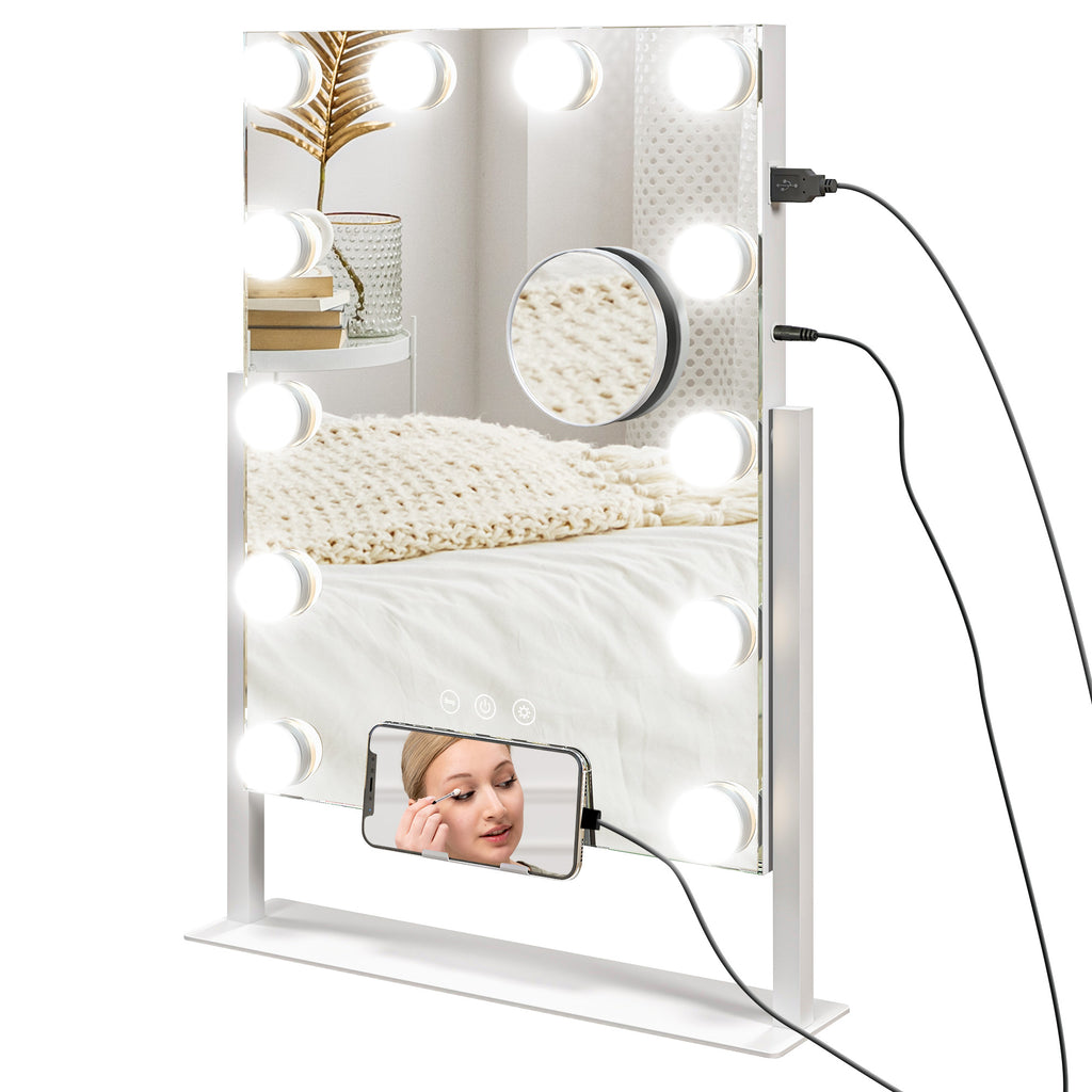 HOMCOM LED Kosmetikspiegel, 3 Lichtmodi, dimmbar, Touchsteuerung, USB, 37x46 cm, Weiß