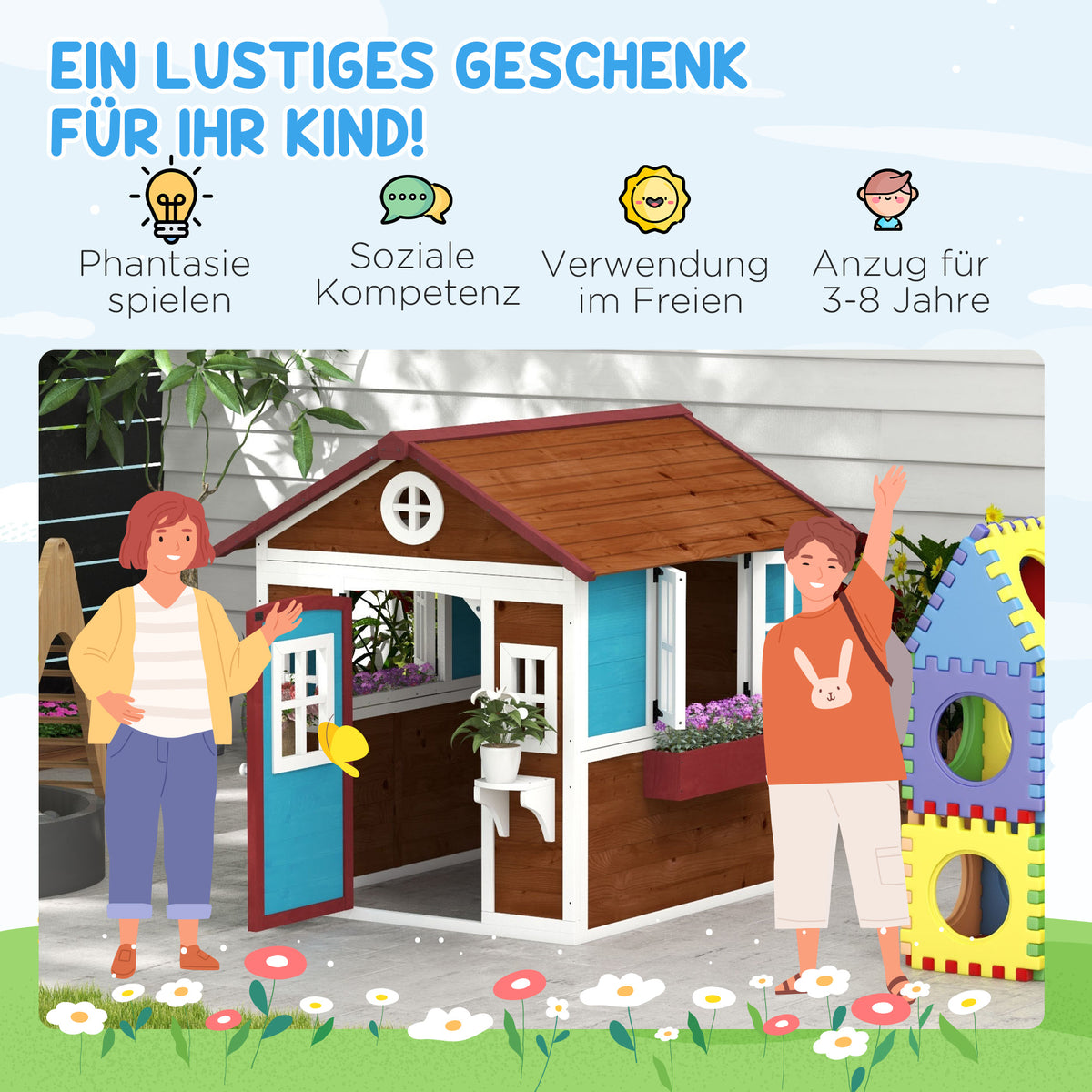 Outsunny Kinderspielhaus, Holz-Spielhaus für Kinder, Outdoor-Gartenspielhaus mit Fenstern, Blumentöpfe, 3-8 Jahre, Blau