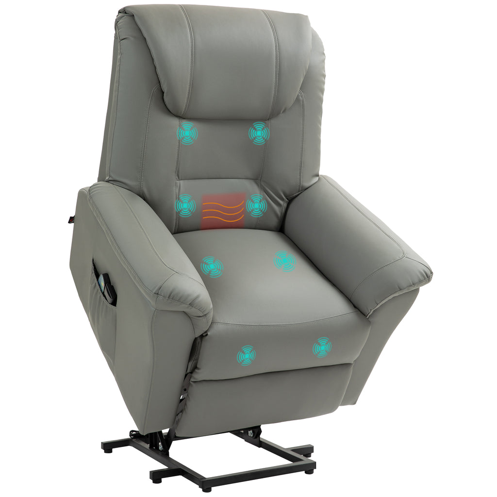 HOMCOM Relaxsessel mit Aufstehhilfe, Massage, Heizung, Kunstleder, 93x95x106 cm, Hellgrau