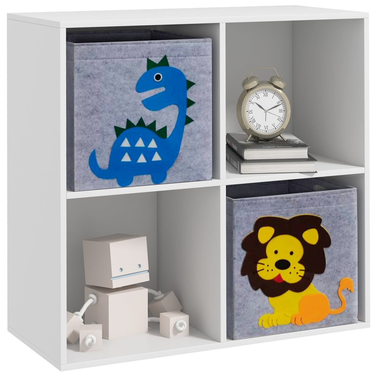 ZONEKIZ Kinderregal Bücherregal 4 Fächer 2 Würfel Stoffkörbe Dinosauriermotiv für Kinderzimmer 62 x 30 x 62 cm weiß