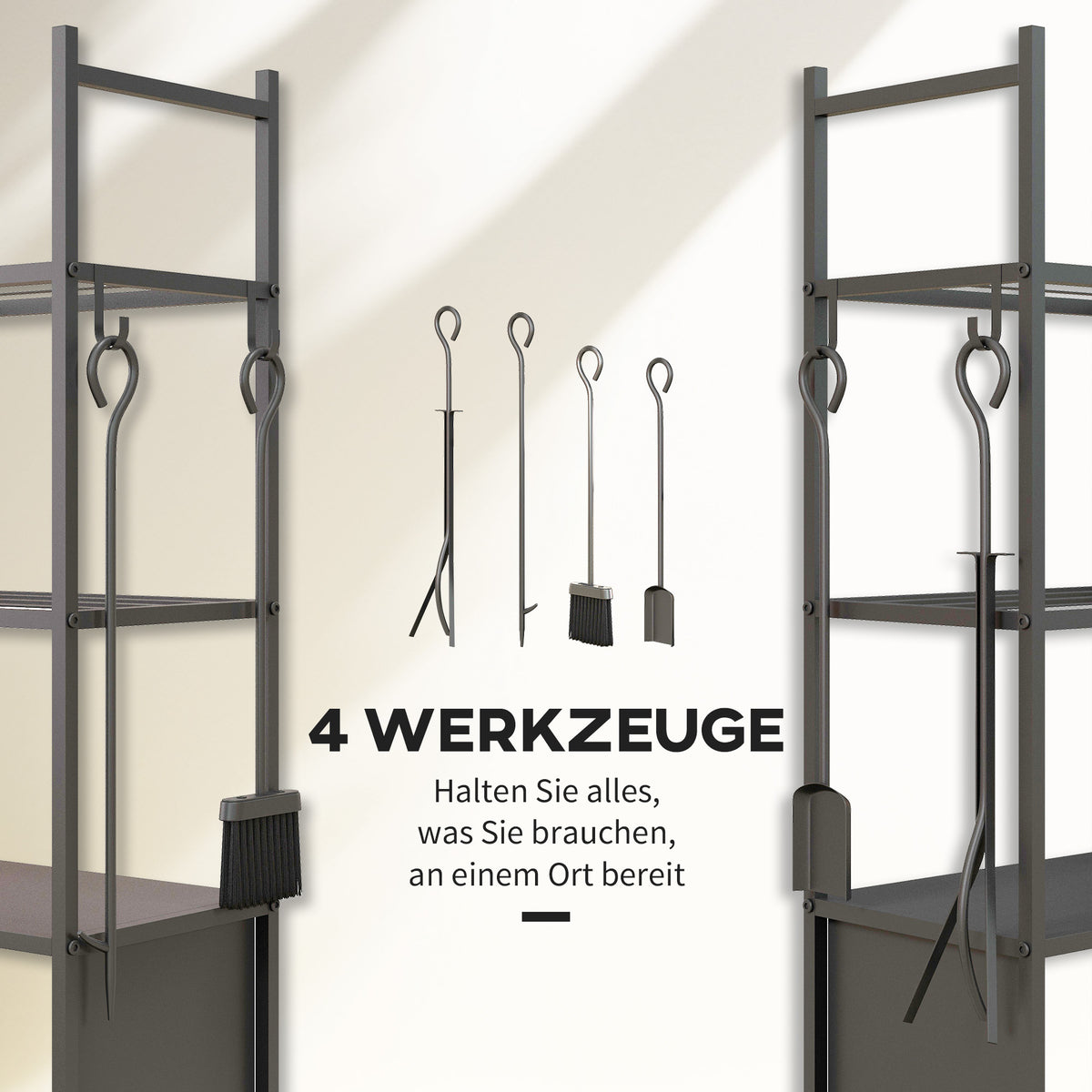 Outsunny 4-Ebenen-Feuerholzregal mit Rädern und 4 Werkzeugen, Brennholzregal aus Metall für den Innen- und Außenbereich, Schwarz
