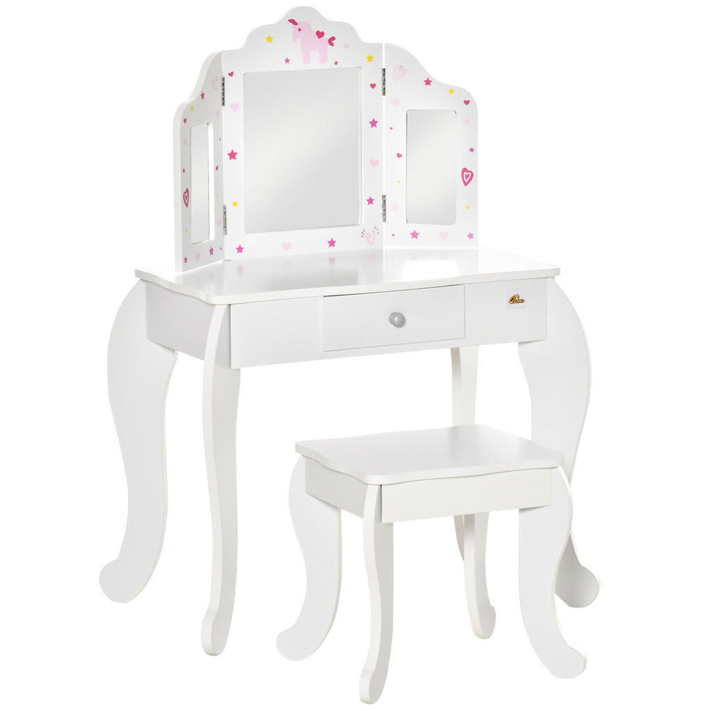 HOMCOM Kinderschminktisch mit Hocker Frisiertisch Frisierkommode mit Schublade Spiegel für Mädchen Akryl Rosa+Weiß 63 x 40 x 85,5 cm