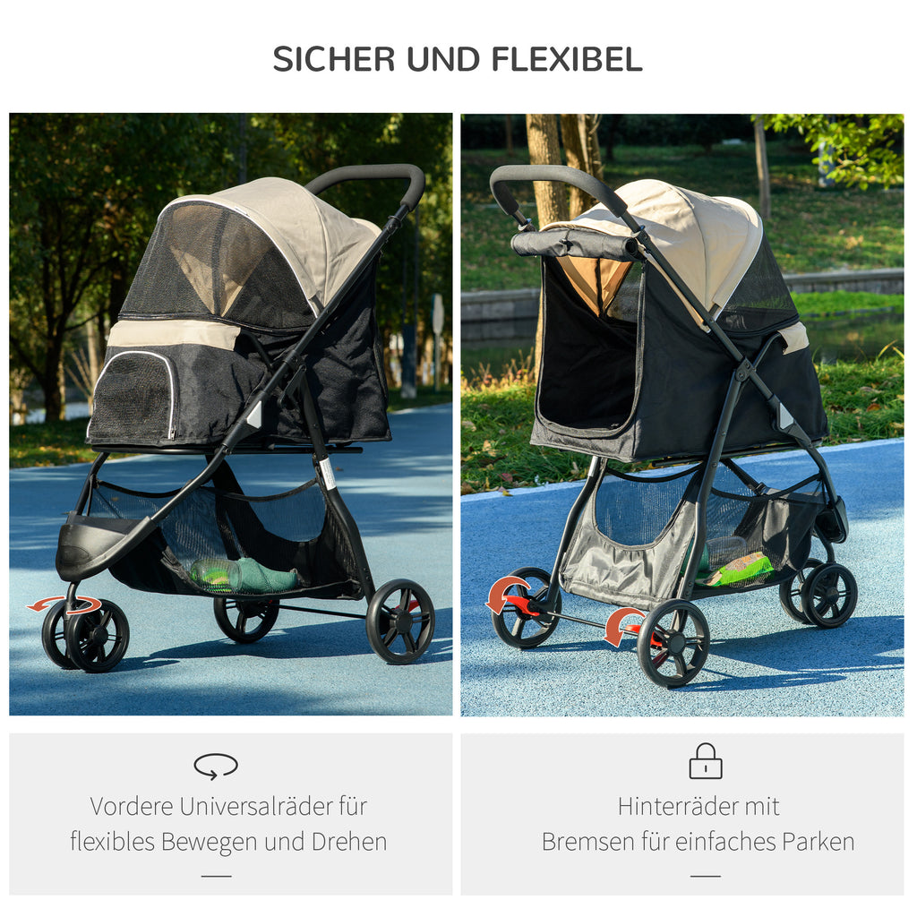 PawHut Haustierbuggy Hundebuggy, klappbar, mit Regenschutz, 2 Getränkehalter, Blau +  Khaki