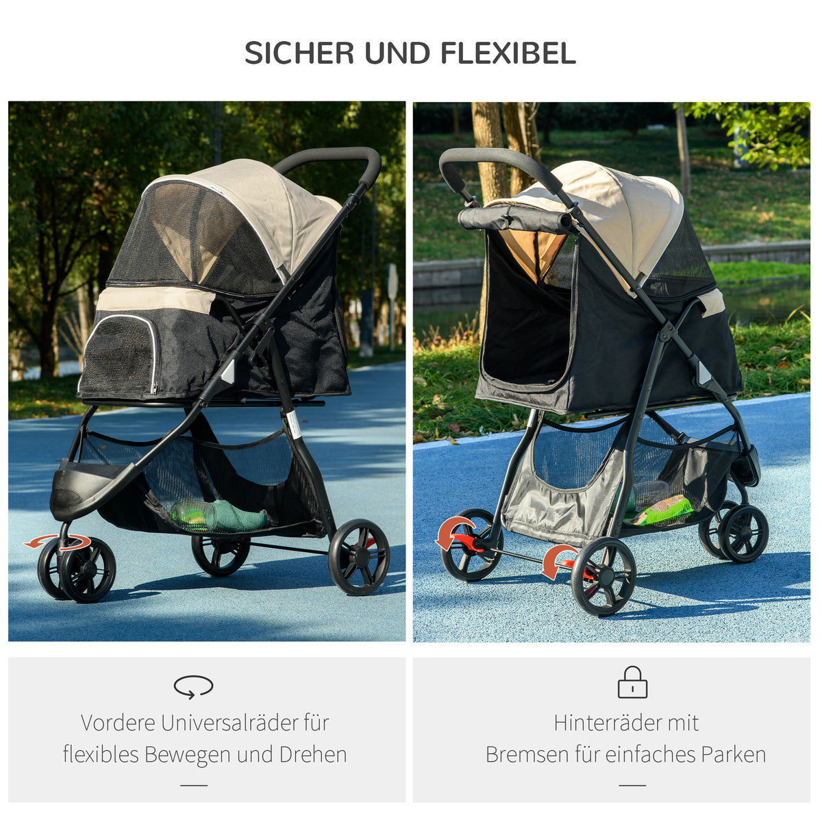 PawHut Haustierbuggy Hundebuggy, klappbar, mit Regenschutz, 2 Getränkehalter, Blau +  Khaki