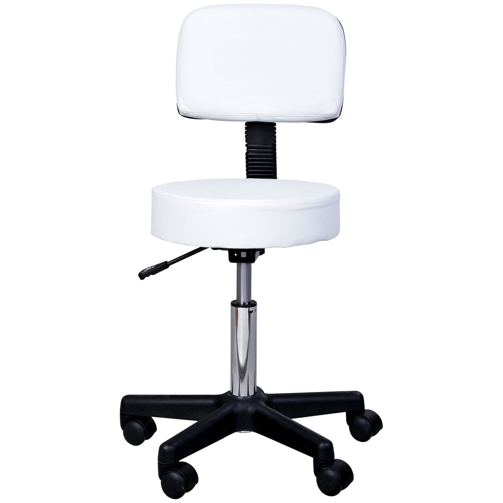 HOMCOM Rollhocker Höhenverstellbarer Arbeitshocker mit Lehne, Drehbarer Salon Hocker für Massage Büro Kunstleder Weiß Ø35 x 72-84 cm