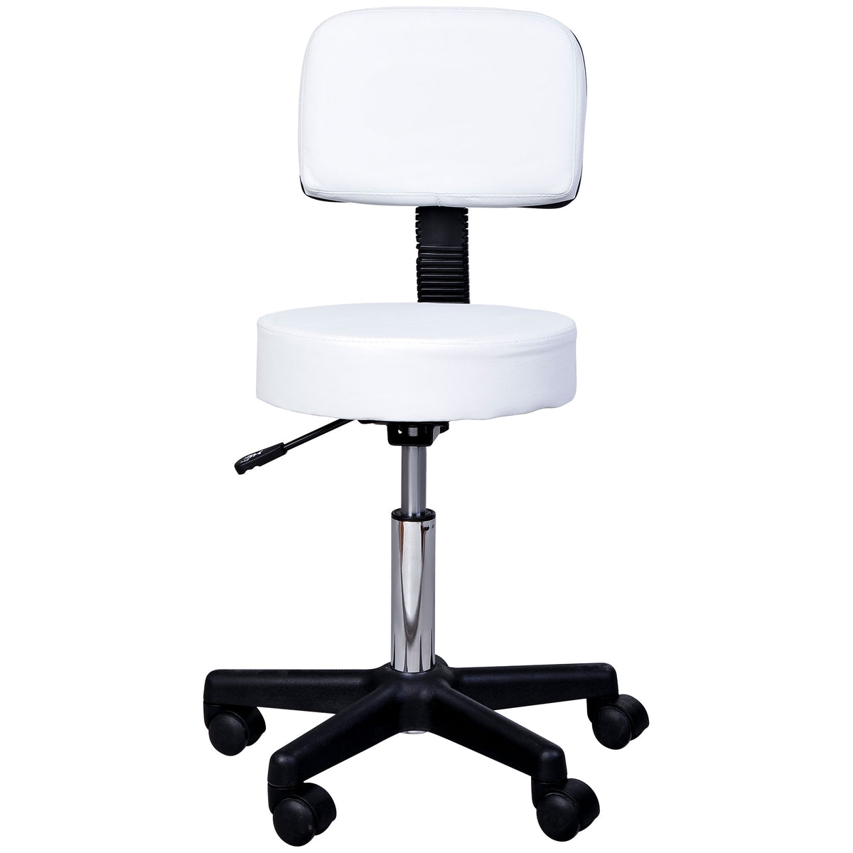 HOMCOM Rollhocker Höhenverstellbarer Arbeitshocker mit Lehne, Drehbarer Salon Hocker für Massage Büro Kunstleder Weiß Ø35 x 72-84 cm