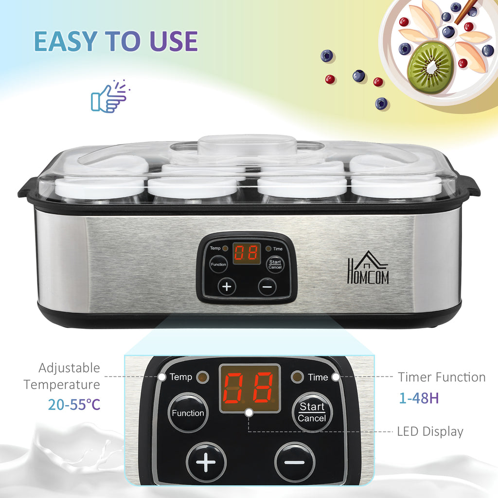 HOMCOM Joghurtbereiter 25W Joghurtmaschine mit LCD-Display 8 Joghurtgläser mit Deckel aus Glas 180ml einstellbare Temperatur und Zeit PC PP-Kunststoff Edelstahl Glas Silber 36 x 18,8 x 14 cm