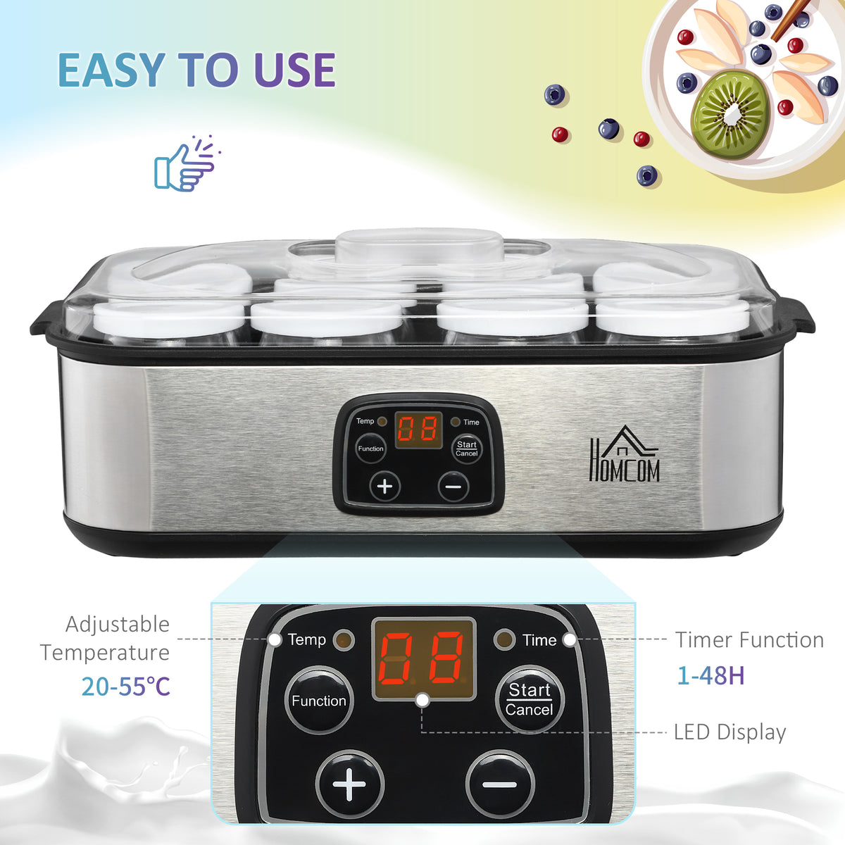 HOMCOM Joghurtbereiter 25W Joghurtmaschine mit LCD-Display 8 Joghurtgläser mit Deckel aus Glas 180ml einstellbare Temperatur und Zeit PC PP-Kunststoff Edelstahl Glas Silber 36 x 18,8 x 14 cm