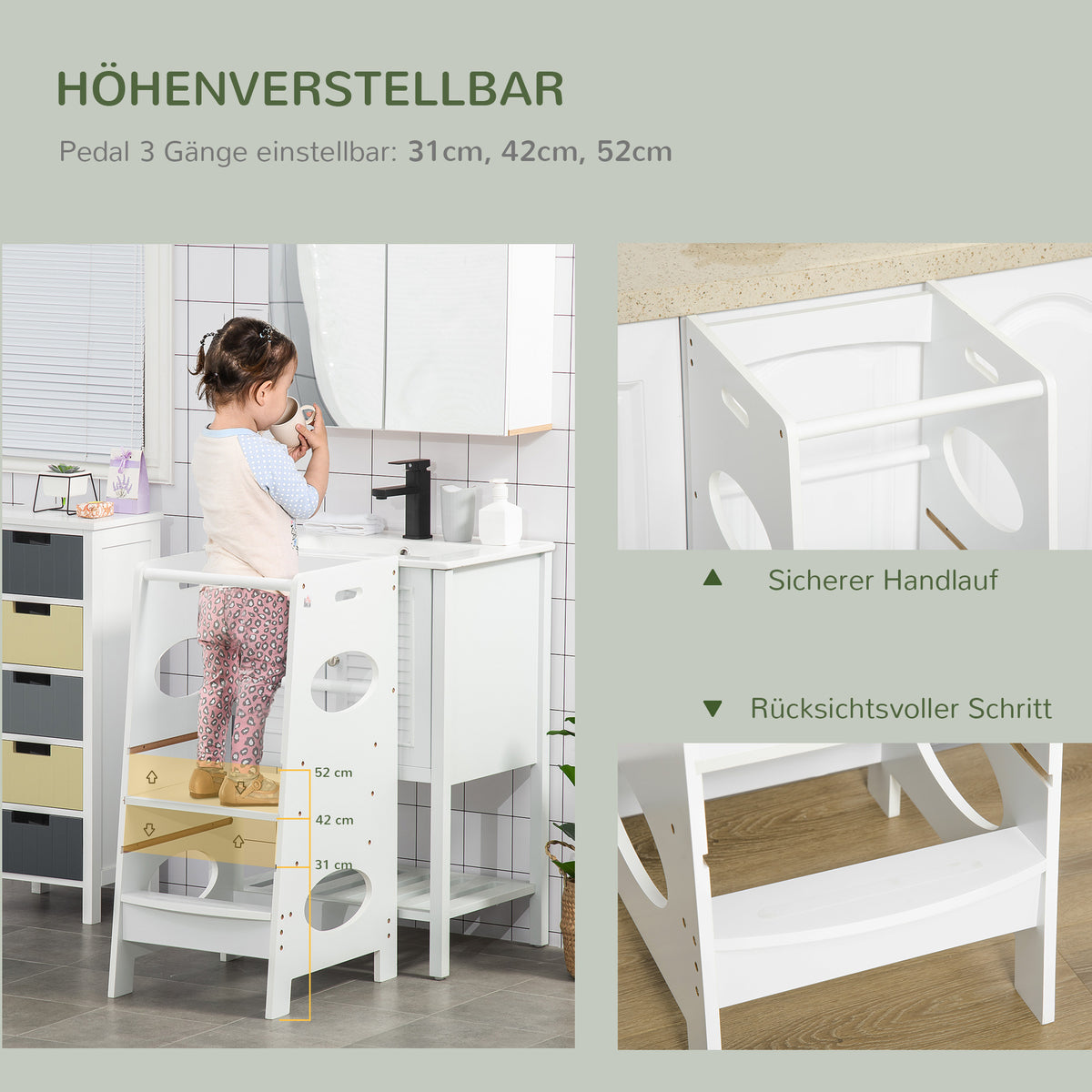 HOMCOM Lernturm für Baby Tritthocker Schemel Stehender mit 3 Stufen  Küchenhelfer für 3+ Jahre Kinder Jahre Sicherheit Bad Schlafzimmer Küche Weiß 40 x 50 x 90 cm