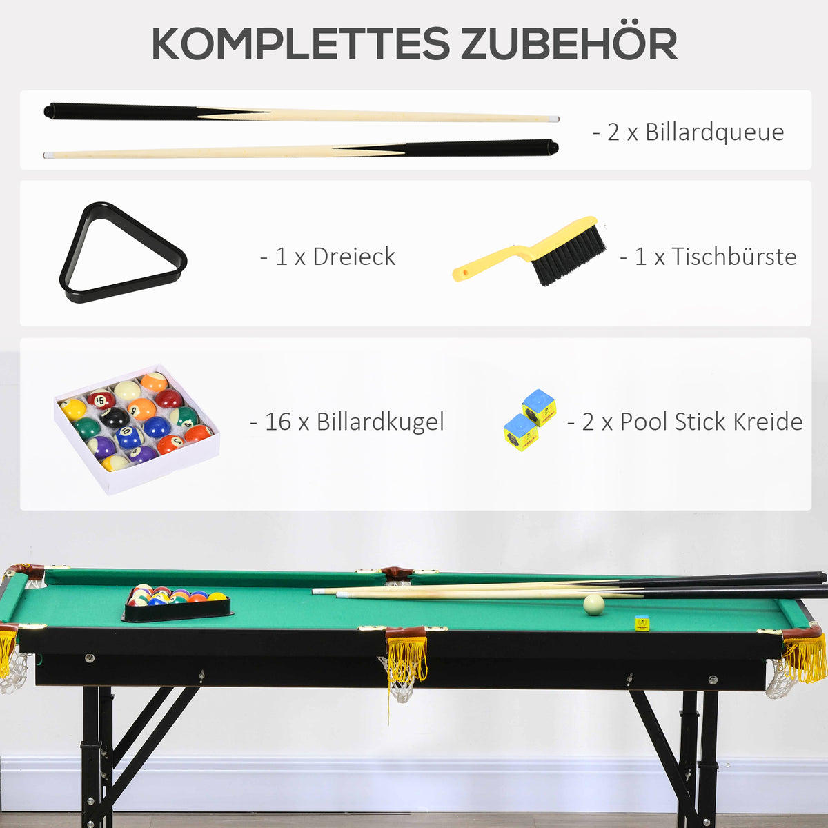 SPORTNOW Billardtisch, klappbar, höhenverstellbar, inkl. Dreieck/2 Queues/16 Kugeln, Grün