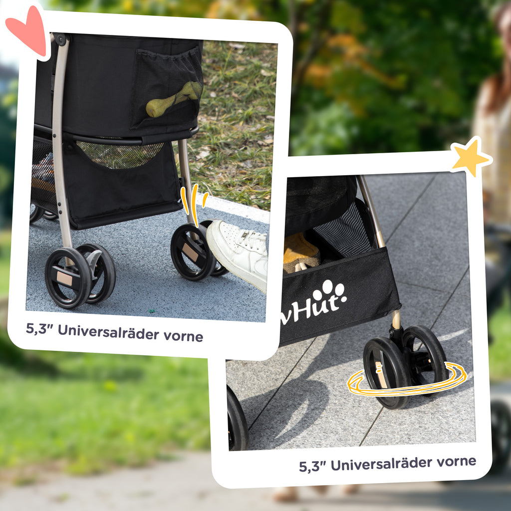 PawHut 2-in-1 Hundewagen und Transportkorb bis 10 kg Klappbar Netzfenster Bodenkorb 82 cm x 49,5 cm x 98 cm Schwarz