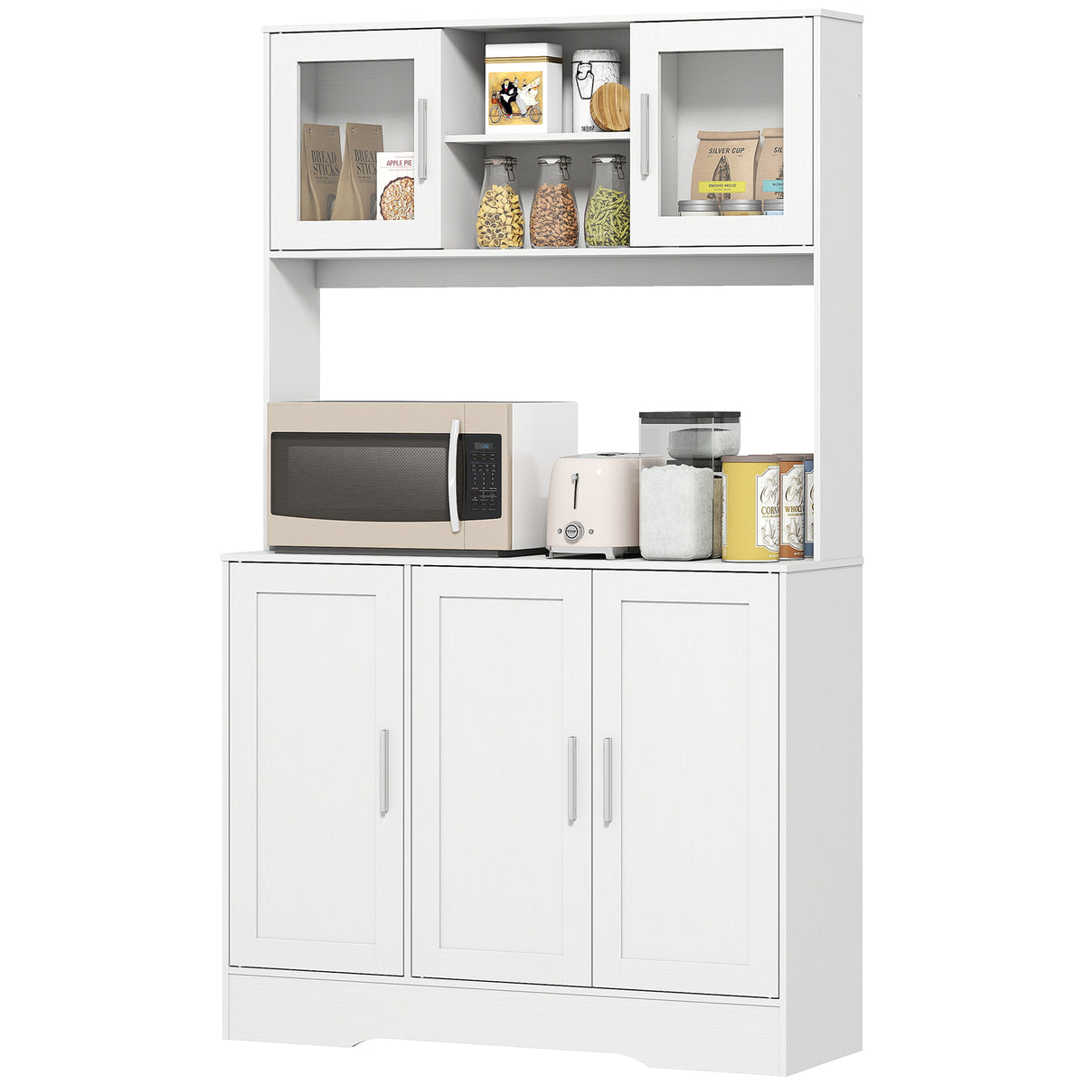 HOMCOM Küchenschrank, Skandinavisches Design, 4 Schränke, verstellbare Regale, Glastüren, offene Fläche, Spanplatte, MDF, Weiß