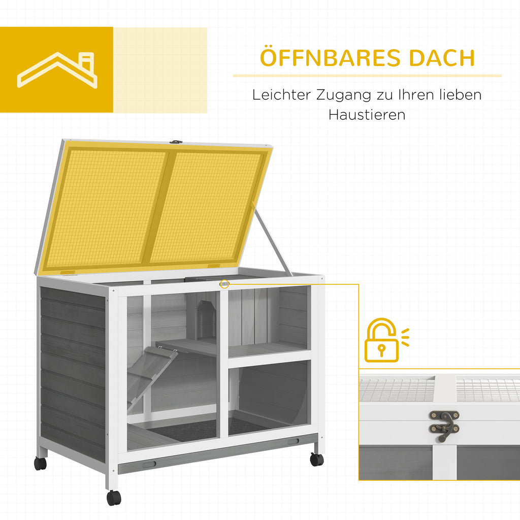 PawHut Kleintierstall mit 2 Ebenen 4 Rollen versiegeltes Tannenholz Grau