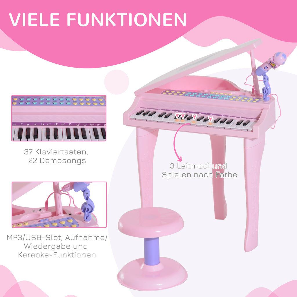 HOMCOM Kinder Klavier Mini-Klavier Piano Keyboard Musikinstrument MP3 USB inkl. Hocker 37 Tasten Rosa