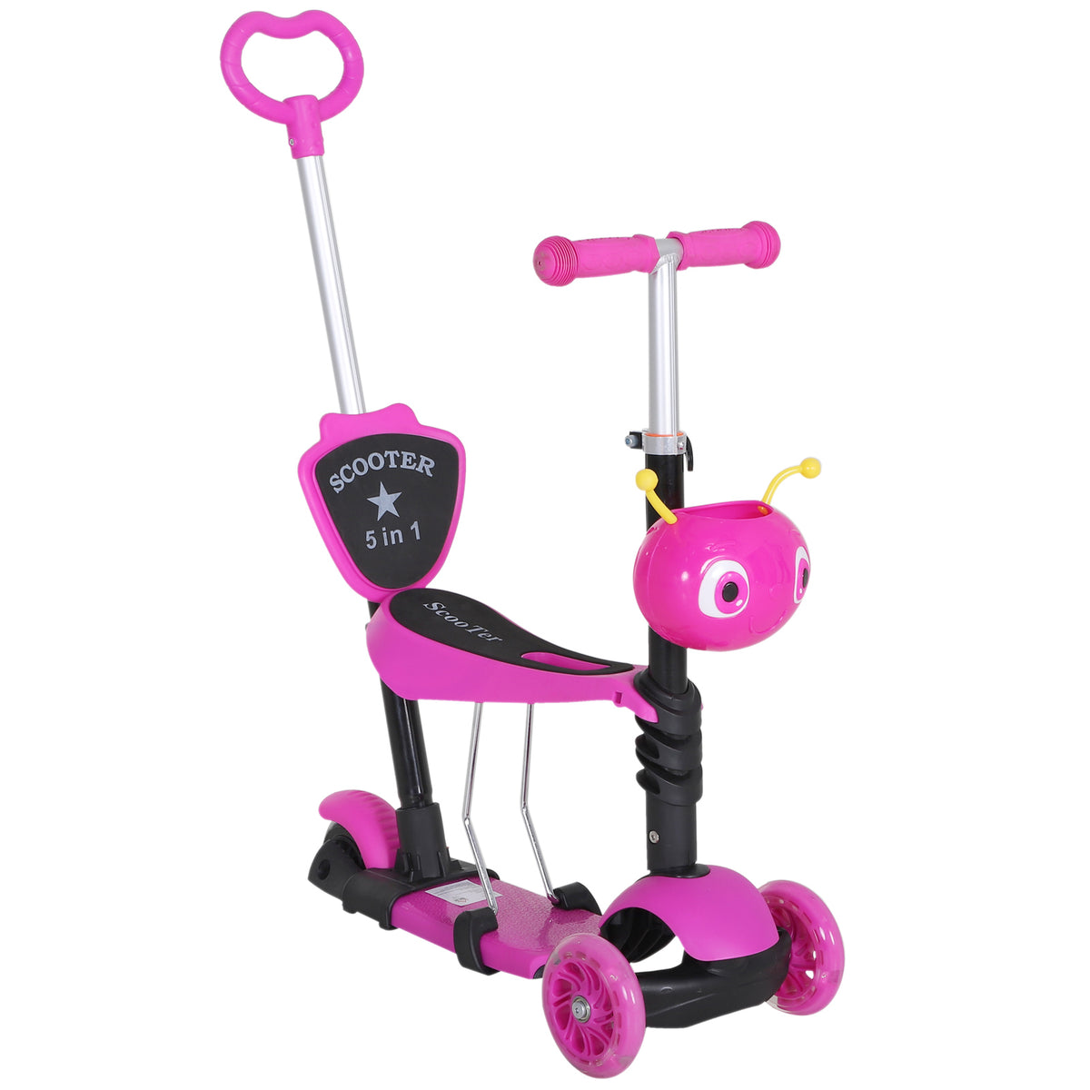 HOMCOM 5-in-1 Kinderroller höhenverstellbarer Tretroller Cityroller Scooter Kinder Roller Kickboard Lenker Teleskoprohr Rosa 62 x 25 x 72,5 cm
