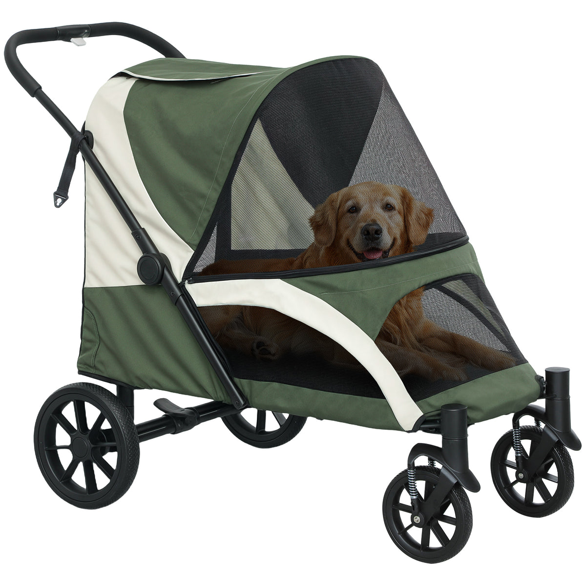 PawHut Hundewagen, Faltbarer Hundebuggy für große Hunde, Haustierwagen mit 4 Rädern, Sicherheitsleinen, Bremsen, Dunkelgrün