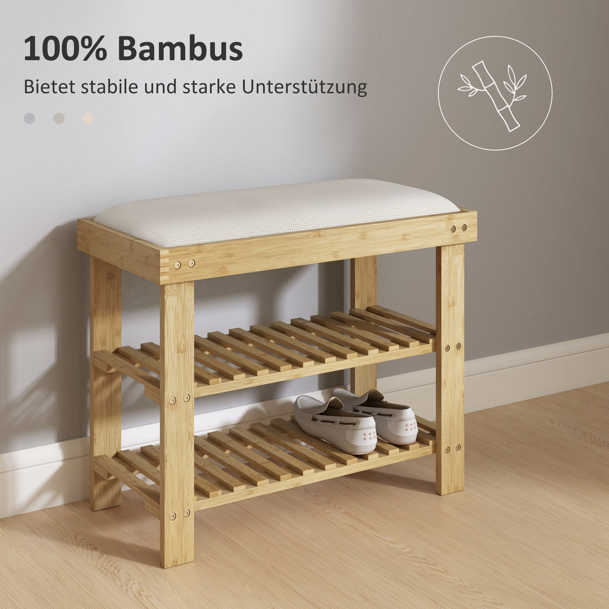 HOMCOM Schuhbank mit Sitzfläche, Bambus Sitzbank mit Stauraum, 2 offene Fächer, Sitzbank 60 x 29 x 49 cm Cremeweiß