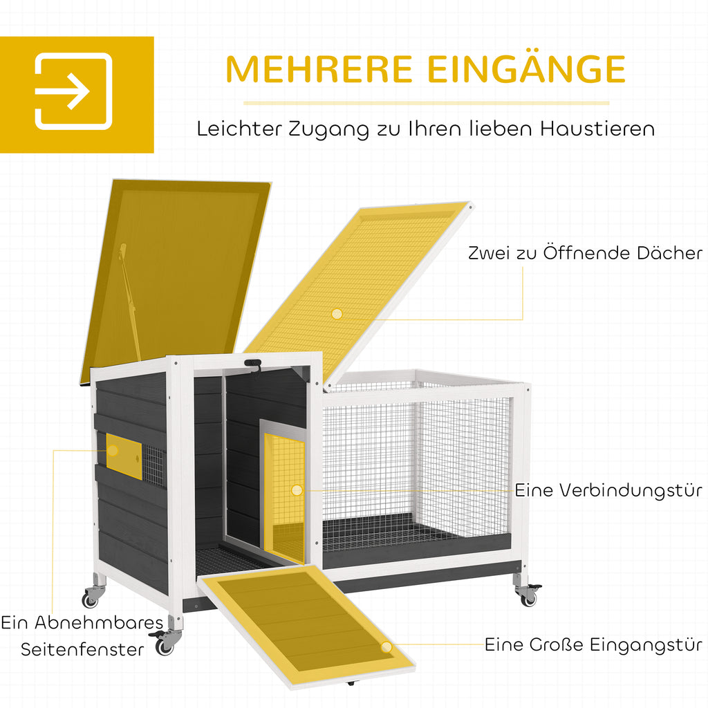PawHut Kaninchenstall aus Holz Hasenstall mit Freilaufgehege Rädern Klappdach für Innen, draußen 92 x 52 x 67 cm Dunkelgrau