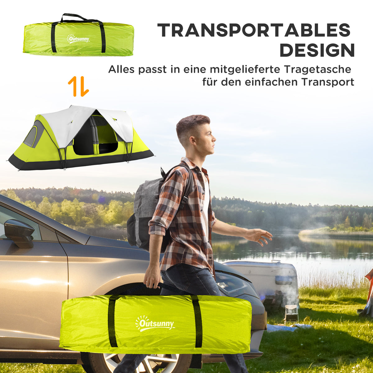 Outsunny Campingzelt, 2 Räume, Trennwand, für 6-8 Personen, Regenschutz, Dunkelgrün