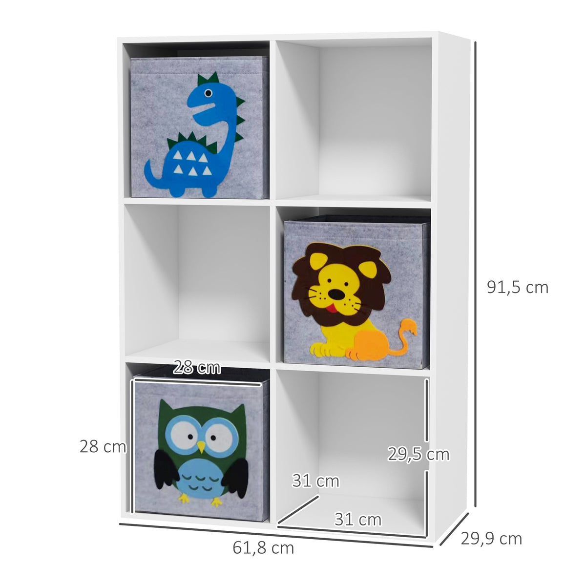 ZONEKIZ Kinderregal Bibliothek 6 Fächer 3 Würfel Stoffkörbe mit Tiermotiven für Kinderzimmer 62 x 30 x 91,5 cm weiß