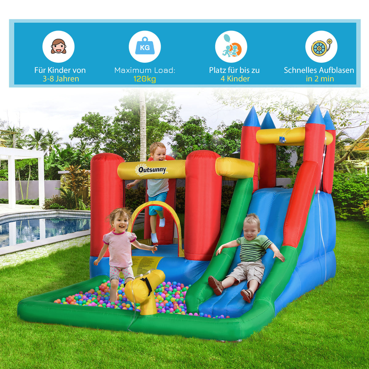 Outsunny Hüpfburg mit Gebläse Rutsche Wasserrutsche aufblasbar für 4 Kinder Wasserhüpfburg Garten XXL Springburg für 3-8 Jahre Kinder Oxford-, Polyester-Gewebe mehrfarbig 330 x 245 x 215 cm