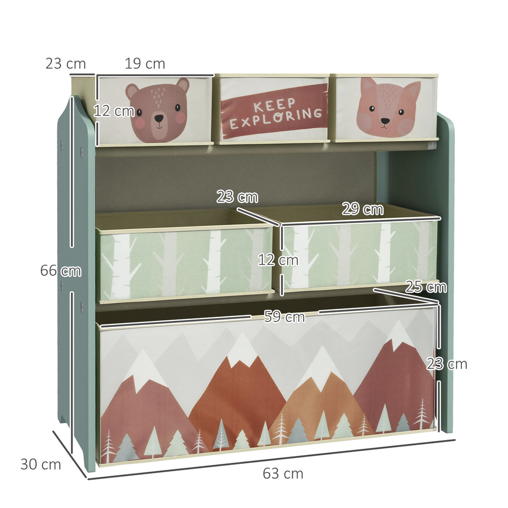 ZONEKIZ Kinder Aufbewahrungsregal mit 6 abnehmbaren Stoffboxen, Spielzeug Organizer, Regal 63L x 30B x 66H cm