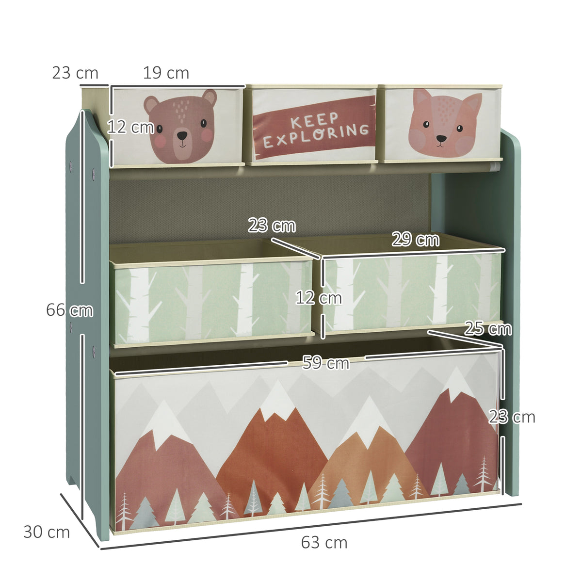 ZONEKIZ Kinder Aufbewahrungsregal mit 6 abnehmbaren Stoffboxen, Spielzeug Organizer, Regal 63L x 30B x 66H cm