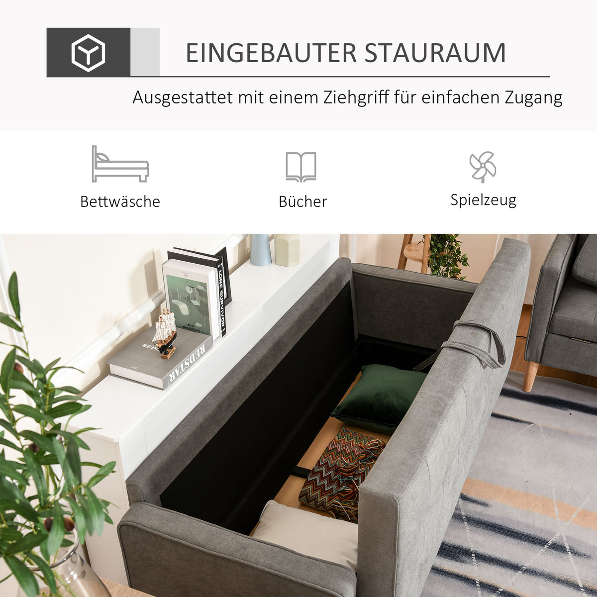 HOMCOM 3 Sitzer Sofa, Couch mit Stauraum, Holzbeine, Gepolsterter Polstersofa mit Samtoptik für Wohnzimmer, Schlafzimmer, 166,5 x 62 x 82 cm, Grau