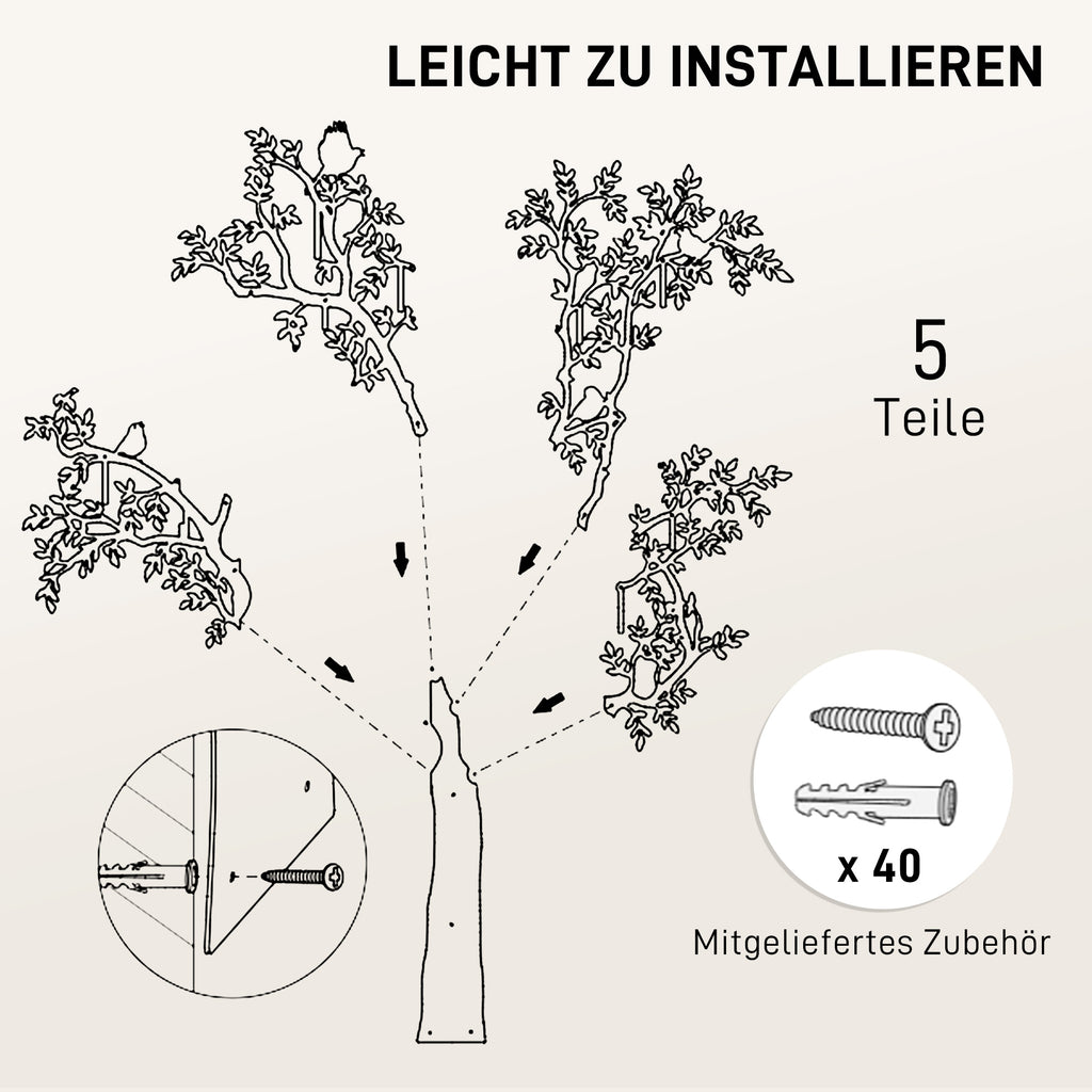 HOMCOM Wandgarderobe, Wandmontierter Mantelhaken, Baumdesign mit Vögeln, Schwarz