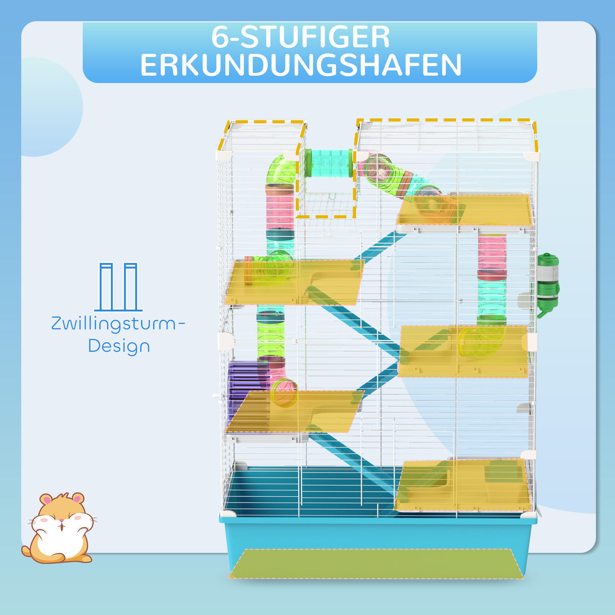 PawHut 6-stöckiger Hamsterkäfig mit Röhren, Tunnels, Hütte, Laufrad, Futterschale, Wasserflasche, Rampen, Hellblau