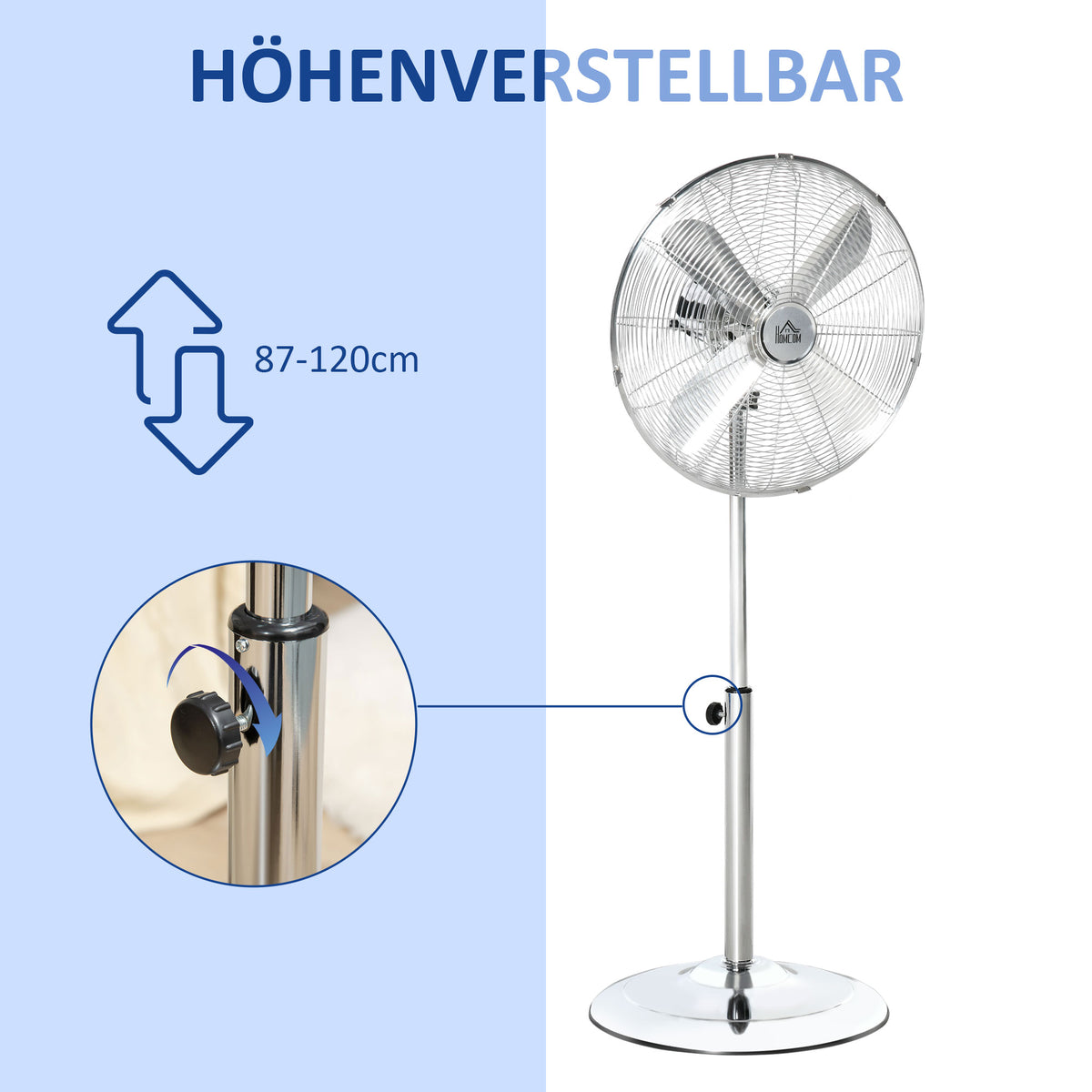 HOMCOM 120 cm Standventilator, Ventilator, Höhenverstellbarer Lüfter, 3 Geschwindigkeitsstufen, Verstellbarer Neigungswinkel, Stahl, Silber
