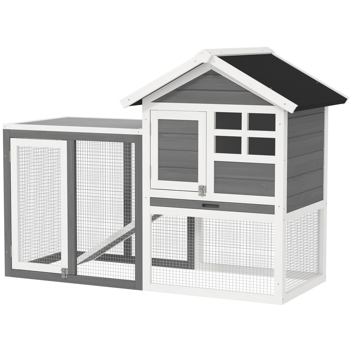PawHut Kaninchenstall Tannenholz Outdoor Indoor Kleintierstall Kleintierhaus Kleintierkäfig Herausnehmbare Bodenwanne und Rampe Grau+Schwarz+Weiß 122 x 62,6 x 92 cm