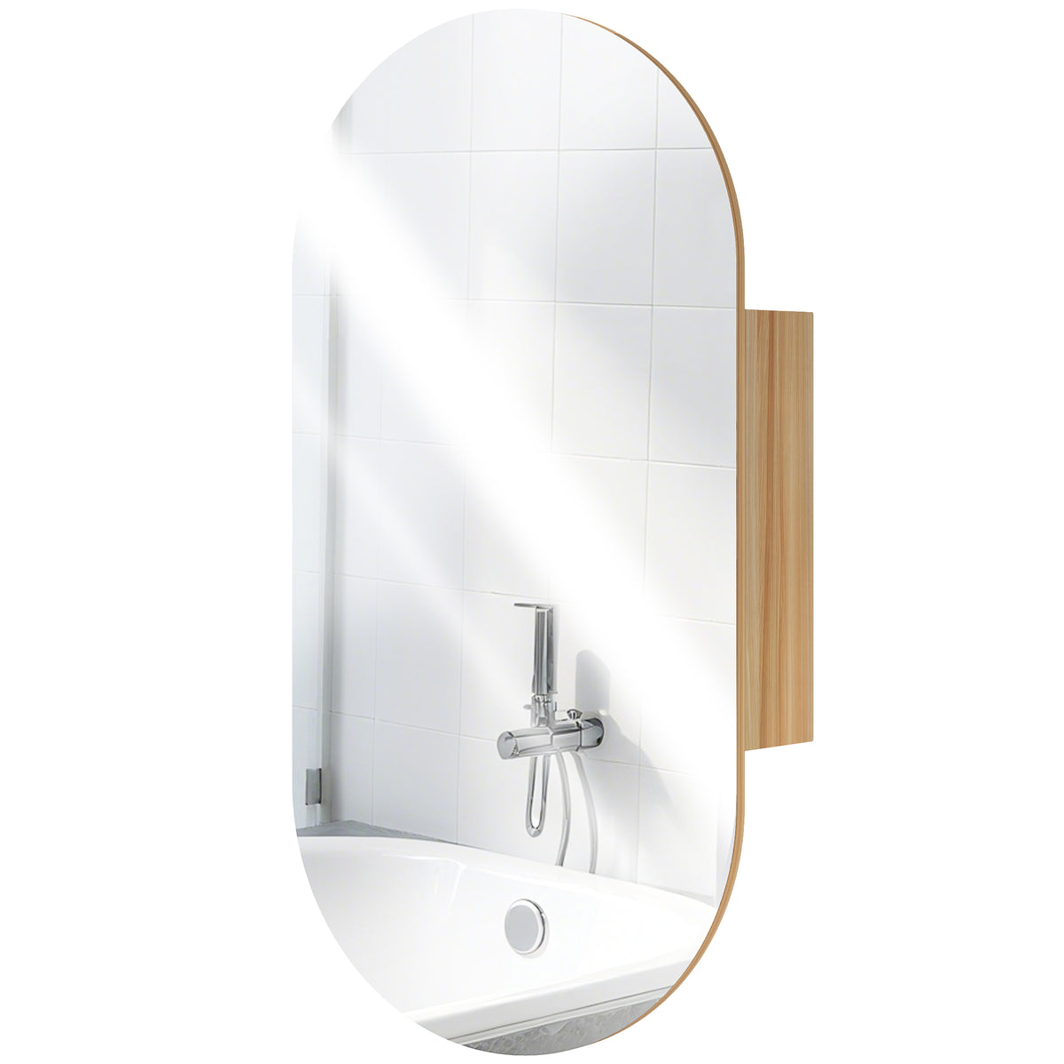 HOMCOM Wandspiegelschrank Badezimmer mit ovalem Spiegel 45 x 90 cm modern rahmenlos Naturholz