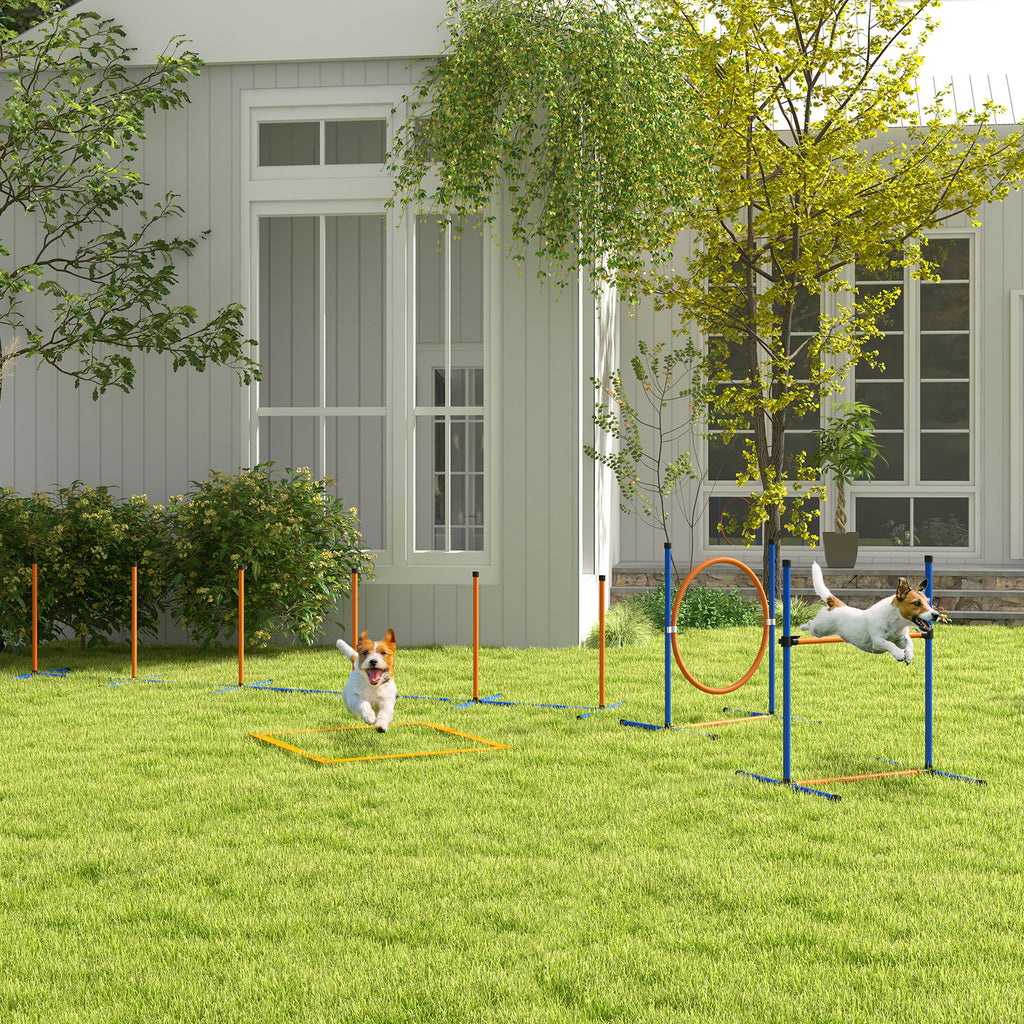 PawHut Hunde-Agiliy-Set Hundeparcours, 1 Reifen, 1 Hürde, 1 Slalom-Set, 352 cm x 66 cm x 69 cm, Blau + Rot