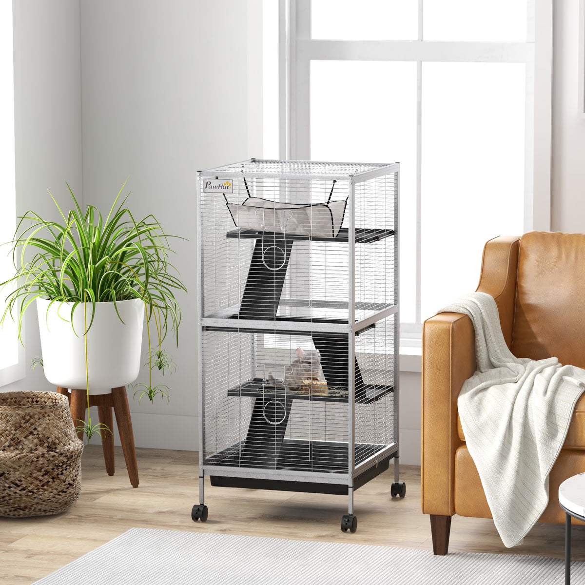 PawHut Käfig für Kleintiere Portable auf 4 Ebenen mit Rollen, 2 Türen, 3 Rampen, Hängematte und herausnehmbarem Tablett