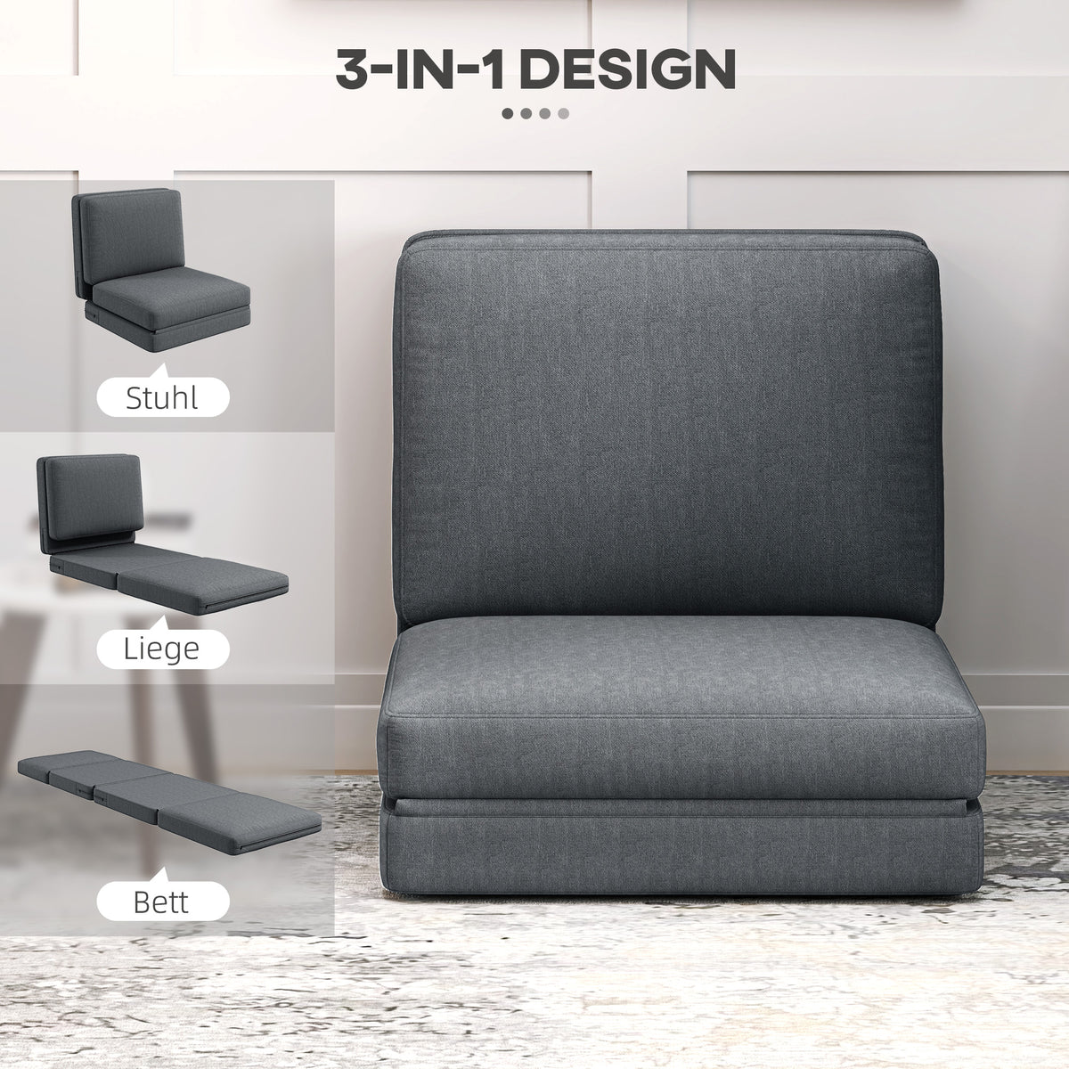 HOMCOM Faltbarer Bodensessel mit Kissen, wandelbares Polstersofa, Wohnzimmer, Gästezimmer, Büro, 75 x 268 x 18 cm, Dunkelgrau