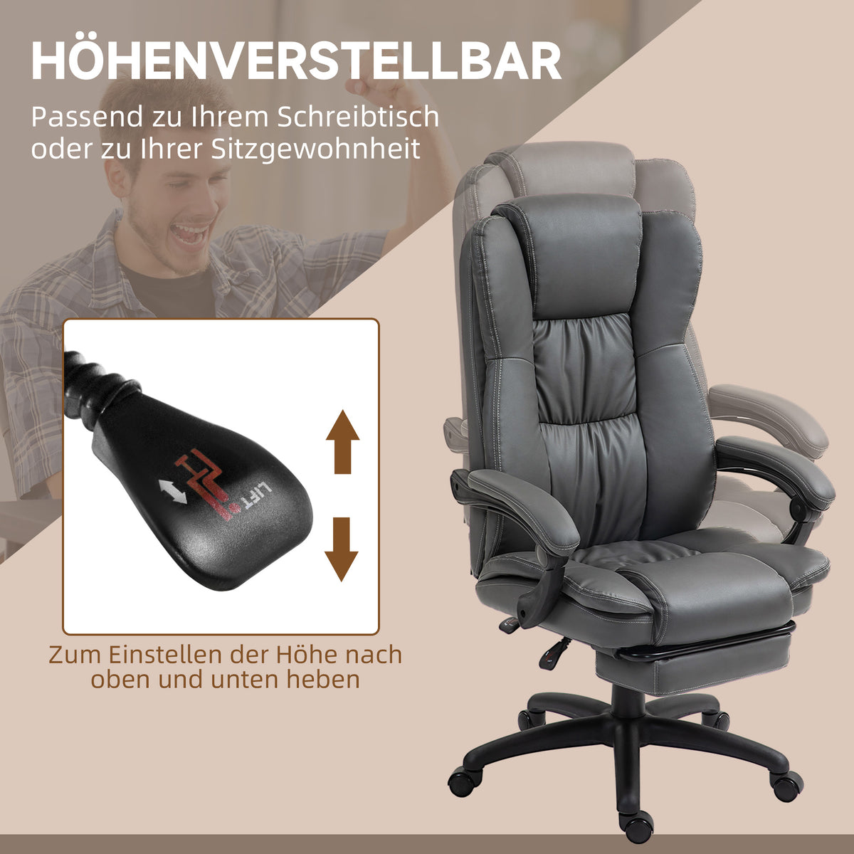 Vinsetto Verstellbarer Drehstuhl mit Fußstütze, Kopfstütze, Massagefunktion, Kunstleder, 68,5x68,5x113-121cm, Dunkelgrau