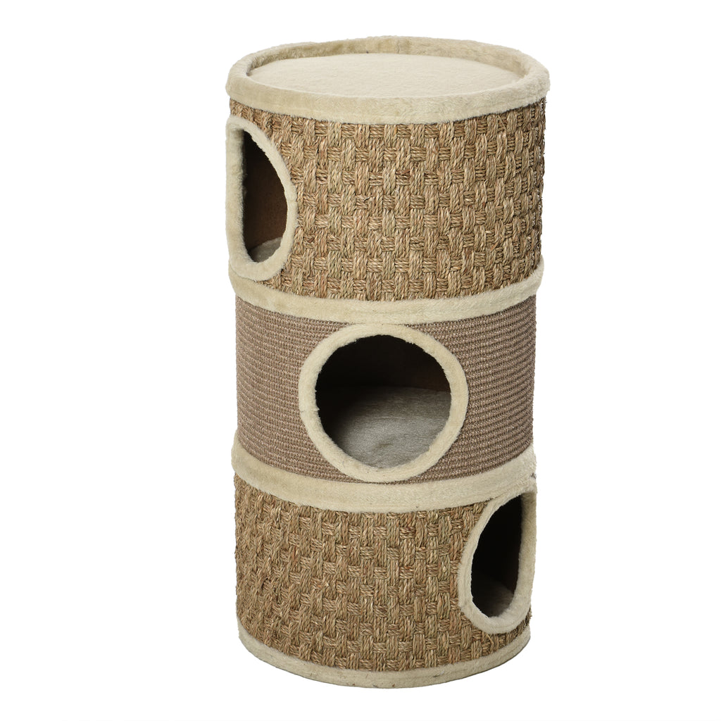 PawHut Kratztonne, Höhe 70 cm, Katzenkratzbaum für katzen 3 Ebenen Katzenbaum Kletterbaum Katzenmöbel mit Sisal Plüsch
