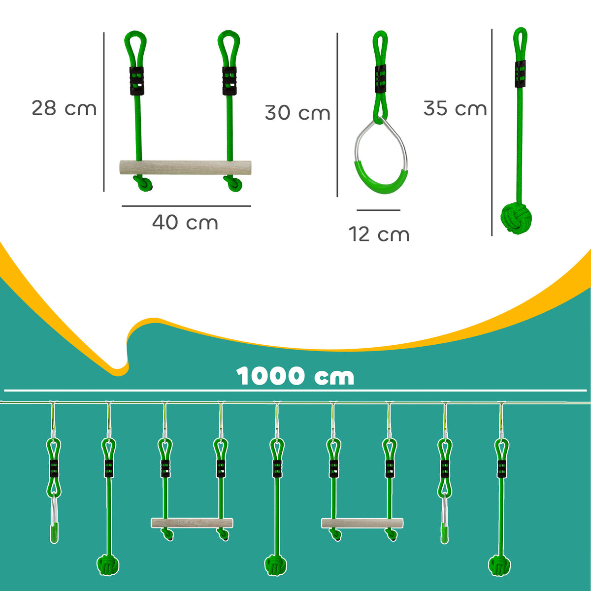 AIYAPLAY 3 Zipline-Kits, Kinder-Seilbahn-Set, bis zu 50 kg belastbar, Grün