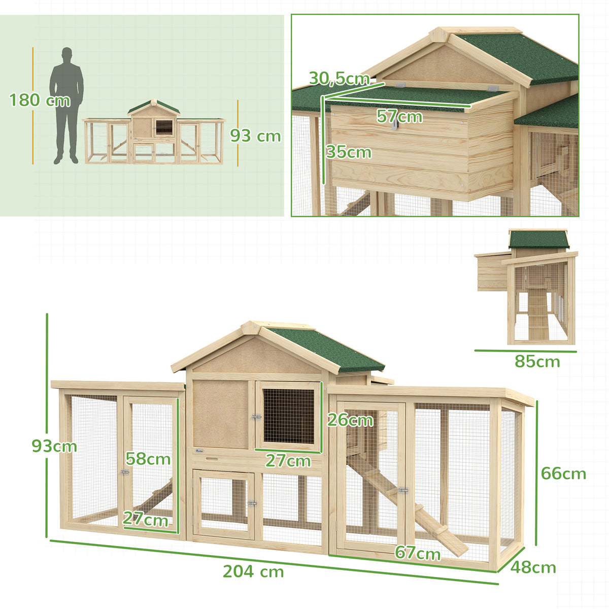 PawHut Hühnerstall mit Freigehege, inkl. Nistkasten, Rampe und Bodenwanne Tannenholz Naturholz