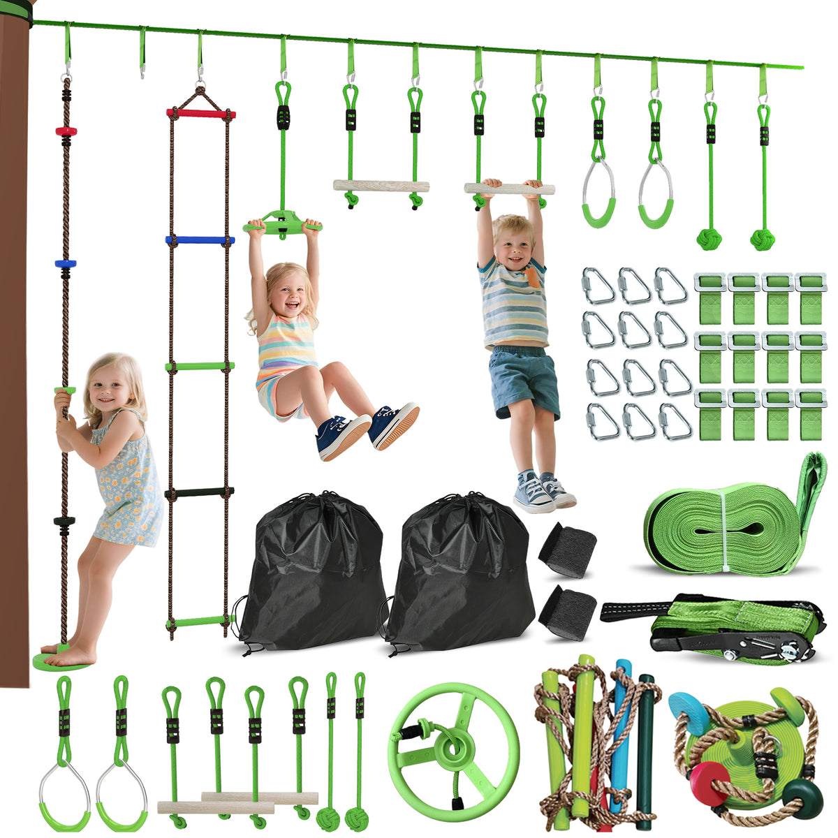 AIYAPLAY Kletterseil-Set, Seil-Kit für Kinder, verschiedene Kletter- und Rutschmöglichkeiten, Tragetasche, Grün