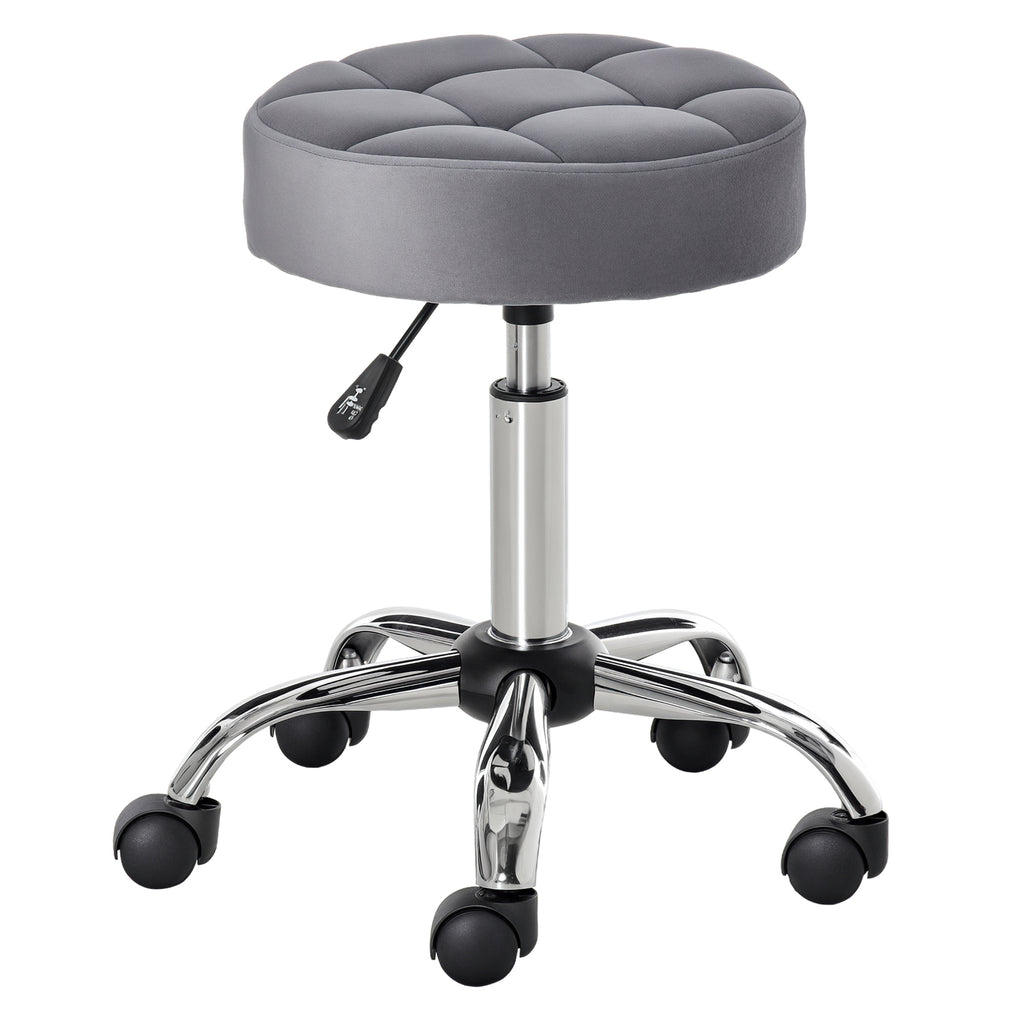 HOMCOM Salonstuhl mit Rädern Rollhocker höhenverstellbar drehbar Salon Hocker Samt-Touch Schaumstoff Chrom-Basis Hellgrau 35 x 35 x 49-61 cm