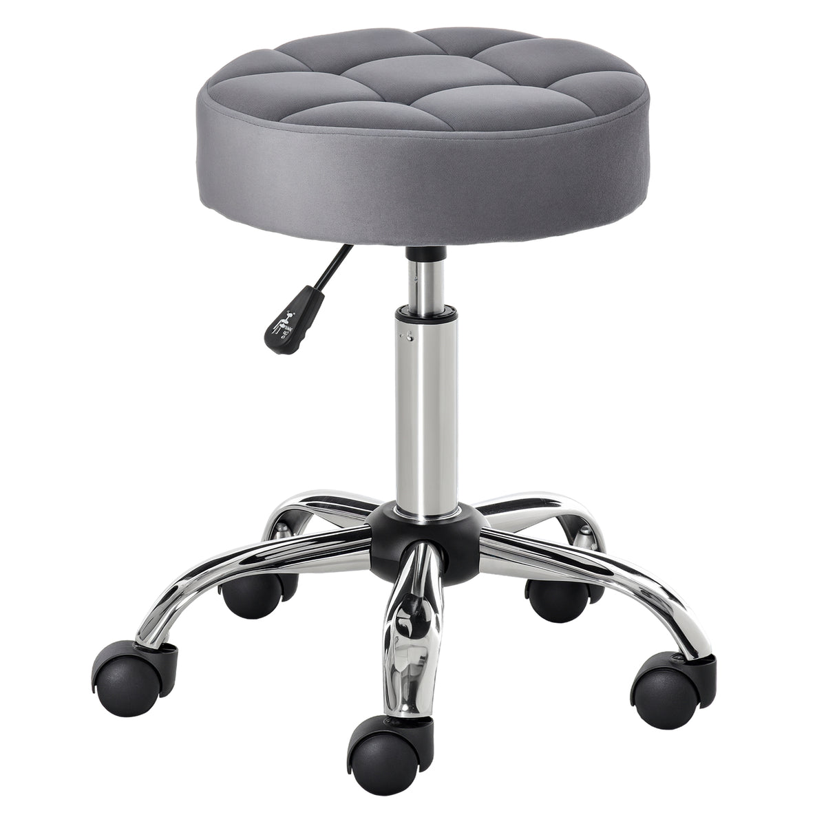 HOMCOM Salonstuhl mit Rädern Rollhocker höhenverstellbar drehbar Salon Hocker Samt-Touch Schaumstoff Chrom-Basis Hellgrau 35 x 35 x 49-61 cm