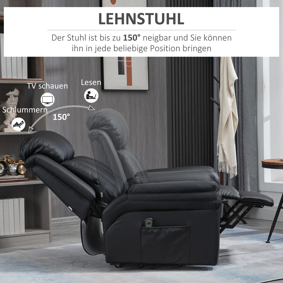 HOMCOM Relaxsessel mit Aufstehhilfe, inkl. Fußstütze und Kopfstütze, 1 Fernbedienung, Schwarz