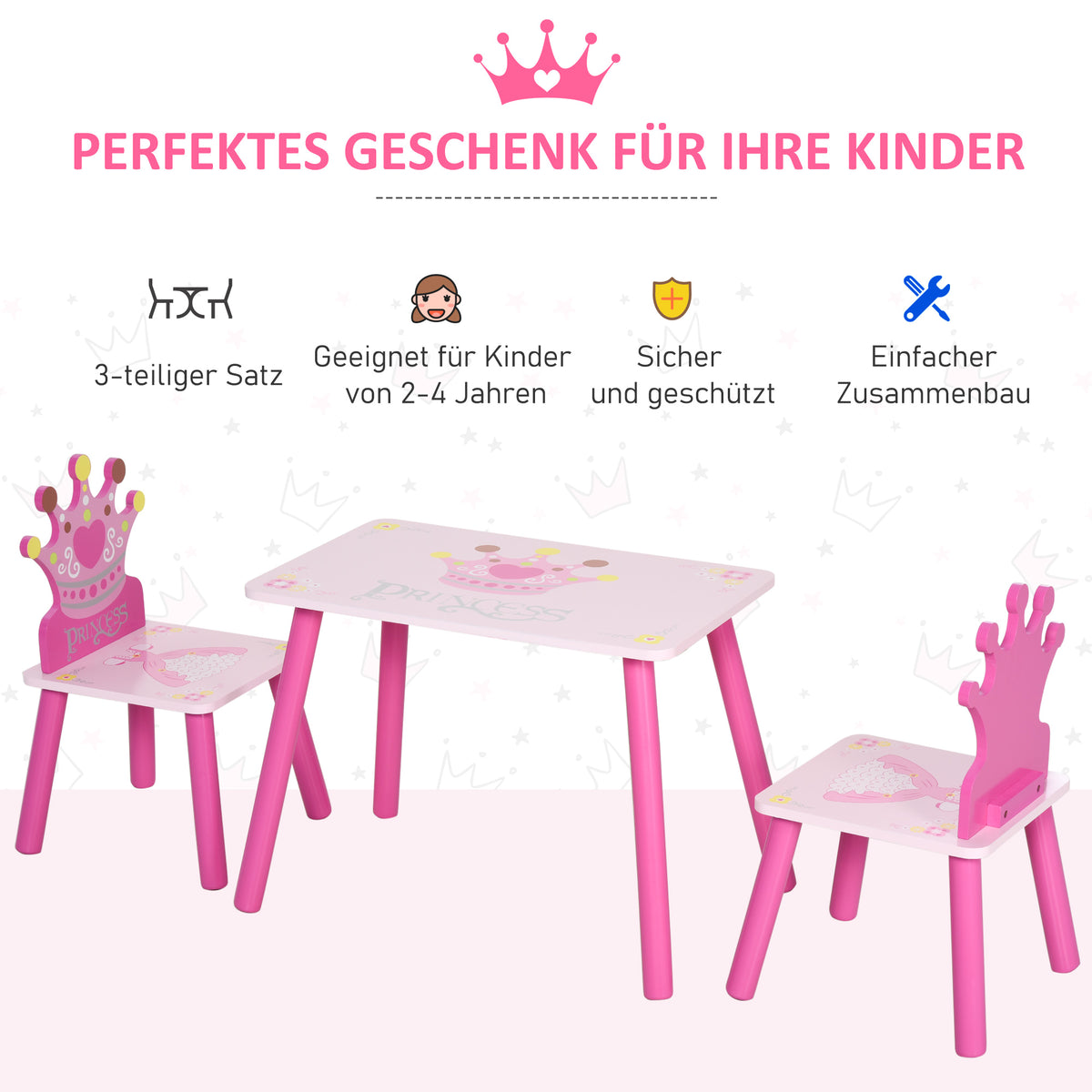 HOMCOM 3-tlg. Kindersitzgruppe mit 1 Kindertisch 2 Stühle Sitzgruppe Kinder Kindermöbel für Kleinkind Mädchen Junge Kiefer+MDF Rosa  55 x 34 x 42 cm