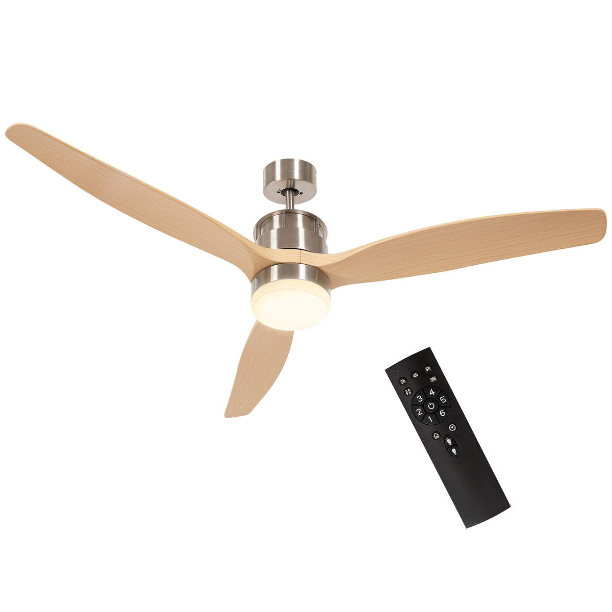HOMCOM Deckenventilator, umkehrbar, mit LED-Licht, 6 Geschwindigkeiten, leise - Fernbedienung - Durchmesser 132 cm, natur