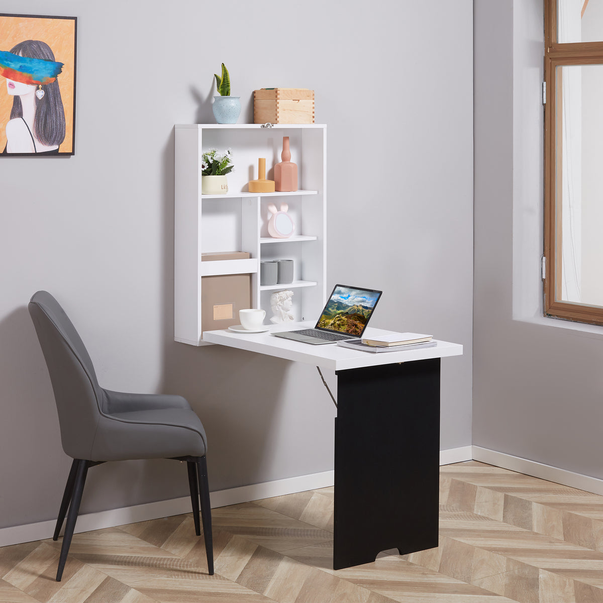 HOMCOM Wandschreibtisch, klappbare Tischplatte, 5 Fächer, 60x94,5x147cm, Schwarz/Weiß